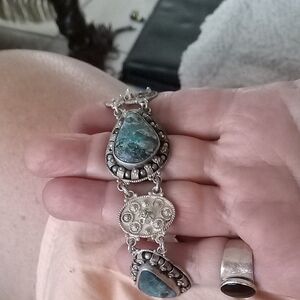 Silver-Tone Teardrop Turquoise Bracelet - Blue-Green Stone